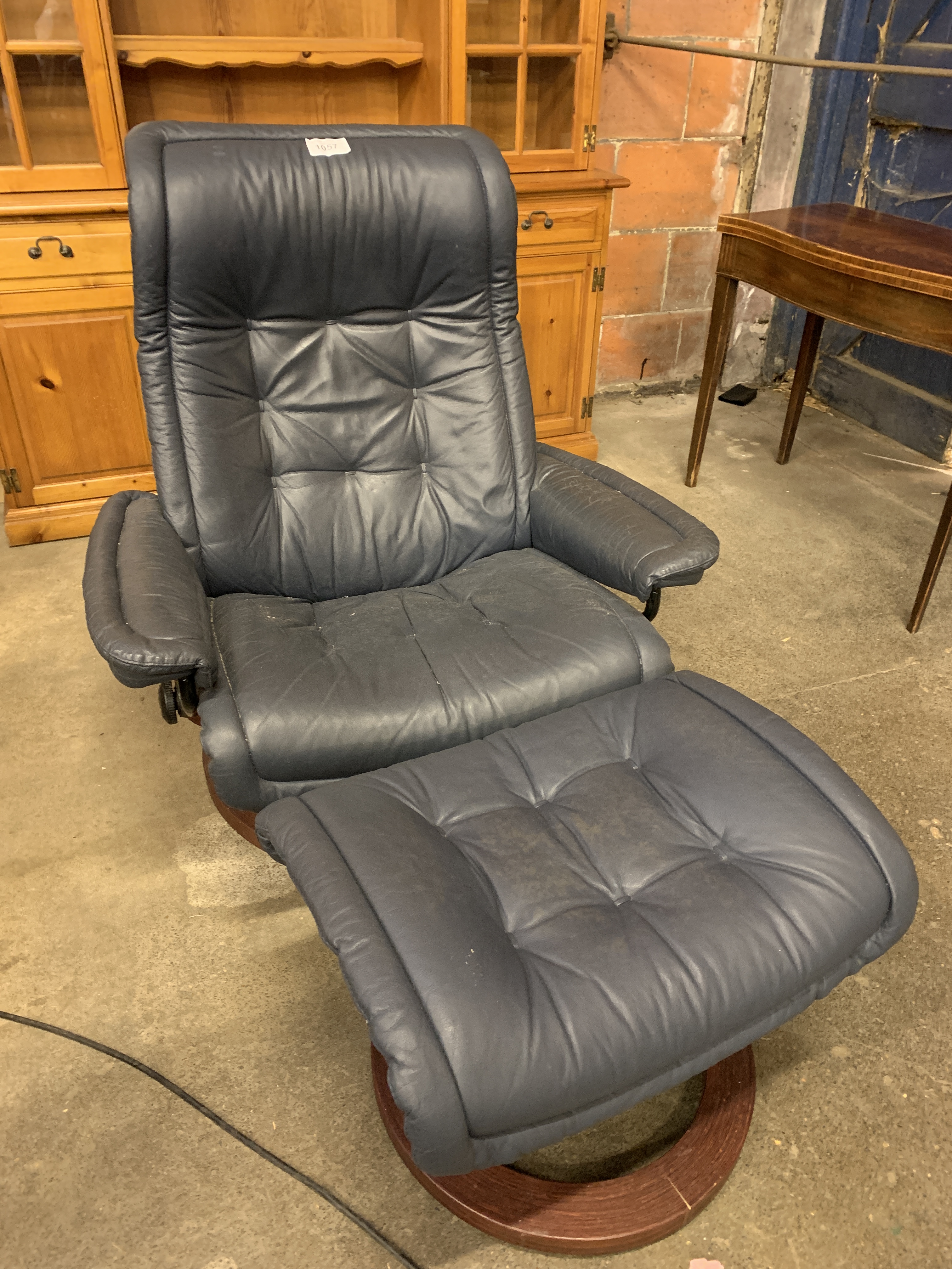 Dark blue leather upholstered reclining chair with footstool - Image 3 of 3