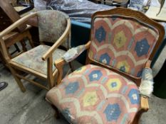 Upholstered show-wood armchair and a tub shaped open armchair