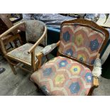 Upholstered show-wood armchair and a tub shaped open armchair