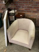 Upholstered tub chair, mirror and three other items of furniture