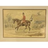 Framed and glazed watercolour of a gentleman on horseback, "The hired hunter 1st day of the season".