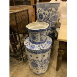 Blue and white china umbrella stand and a blue and white china vase