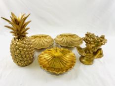 Pair of brass shell shaped dishes; gold coloured ceramic dish; gold 'pineapple' and other.