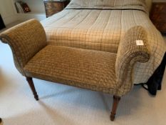 Window bench in blue and brown upholstery