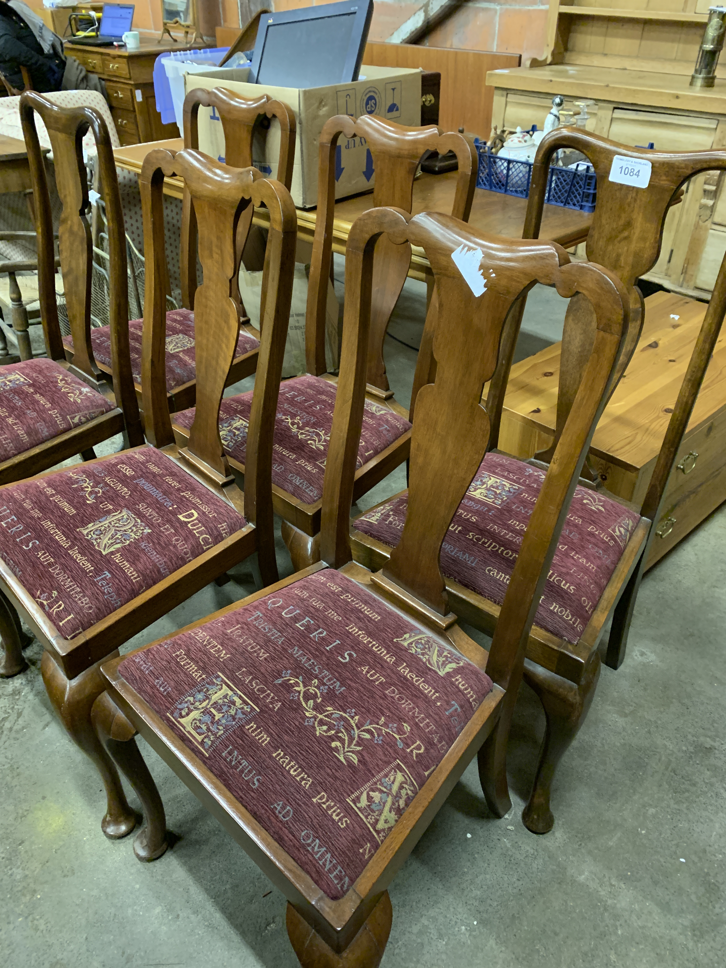 Four mahogany framed drop-in seat high splat back dining chairs, and two similar