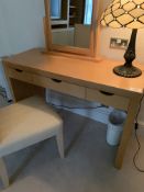Modern dressing/side table; matching dressing table mirror; and a cream upholstered high back chair
