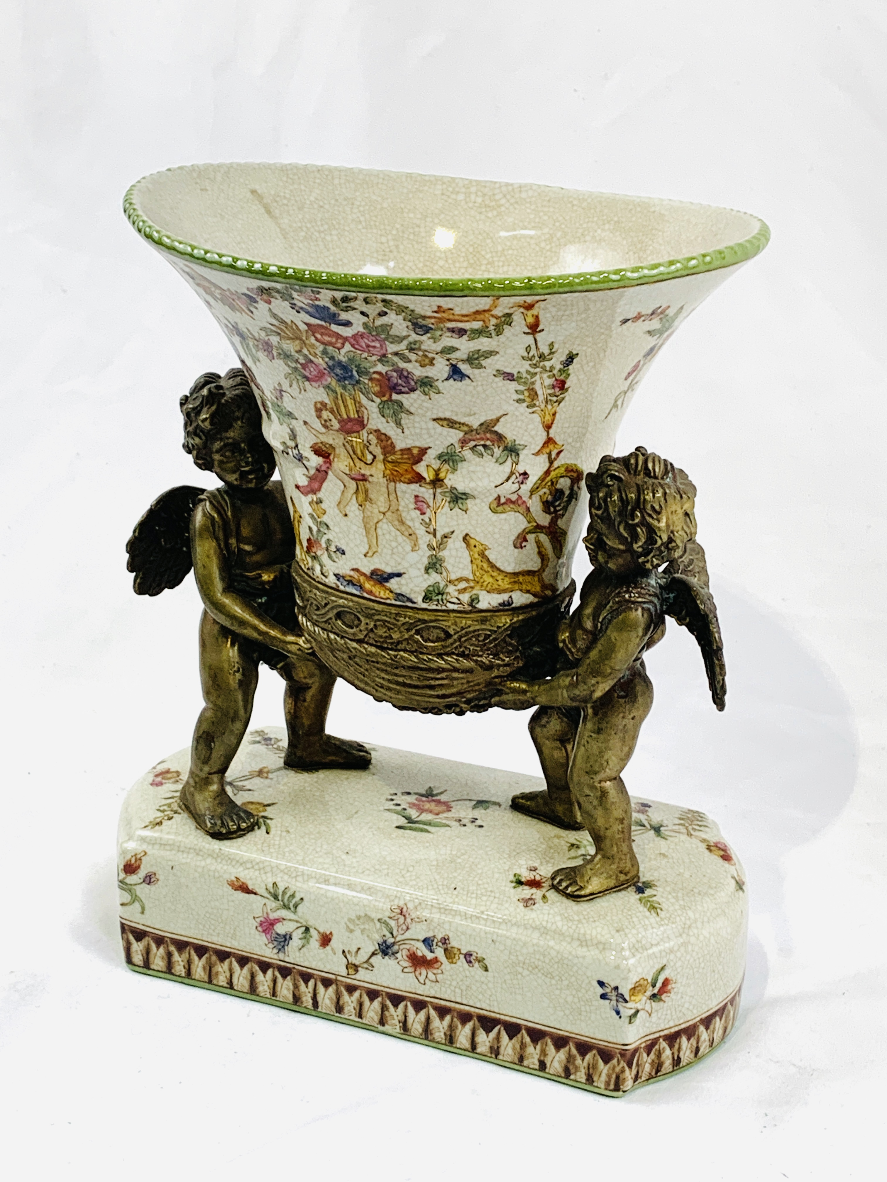 Decorative ceramic centrepiece with mounted ormolu cherubs. - Image 2 of 2
