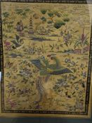 Framed and glazed Oriental silk embroidered panel of birds and flora