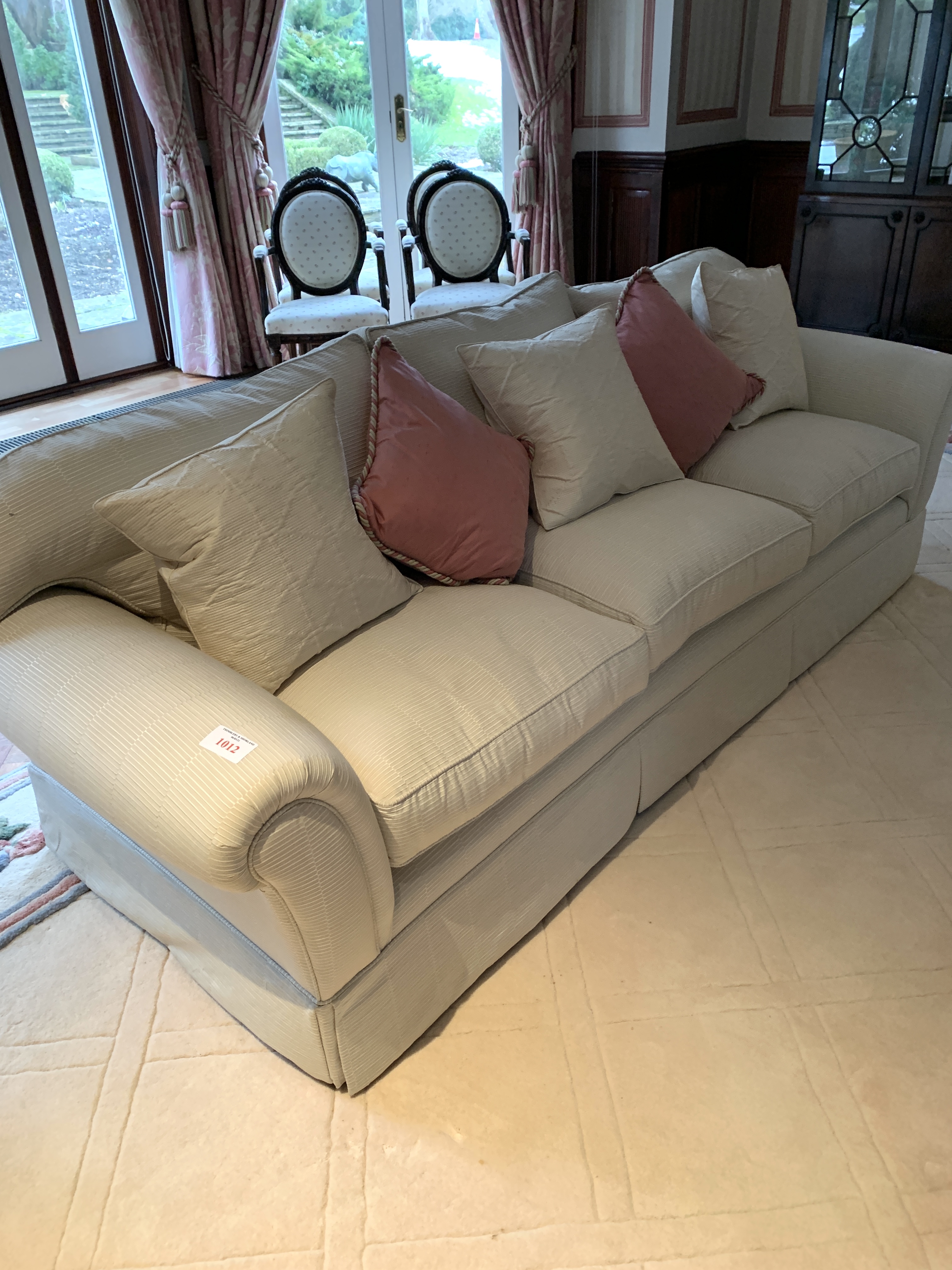 Cream cord effect upholstered three seat sofa, with feather filled cushions - Image 3 of 3