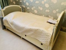Suite of French style cream single bed; chest of three drawers; two bedside tables; and a chair