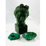 Carved wooden female head on plinth; a malachite dish with brass edge, and mottled green stone dish