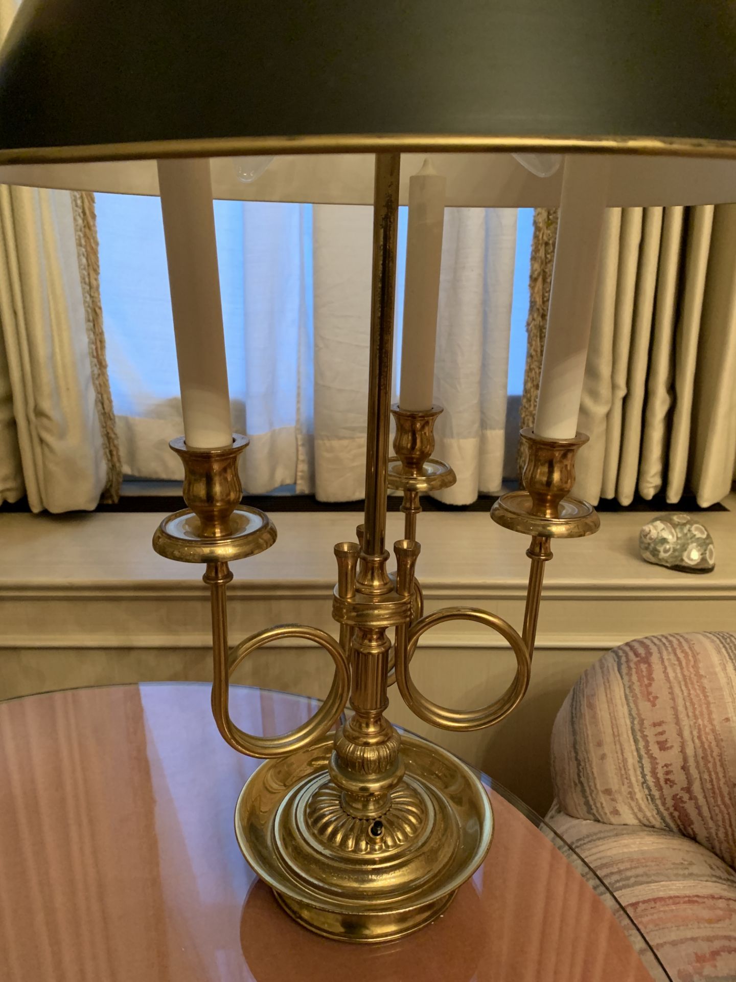 Two brass candelabrum style table lamps with metal shades - Image 2 of 4