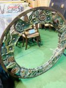 Large Asian hand-carved teak framed circular mirror