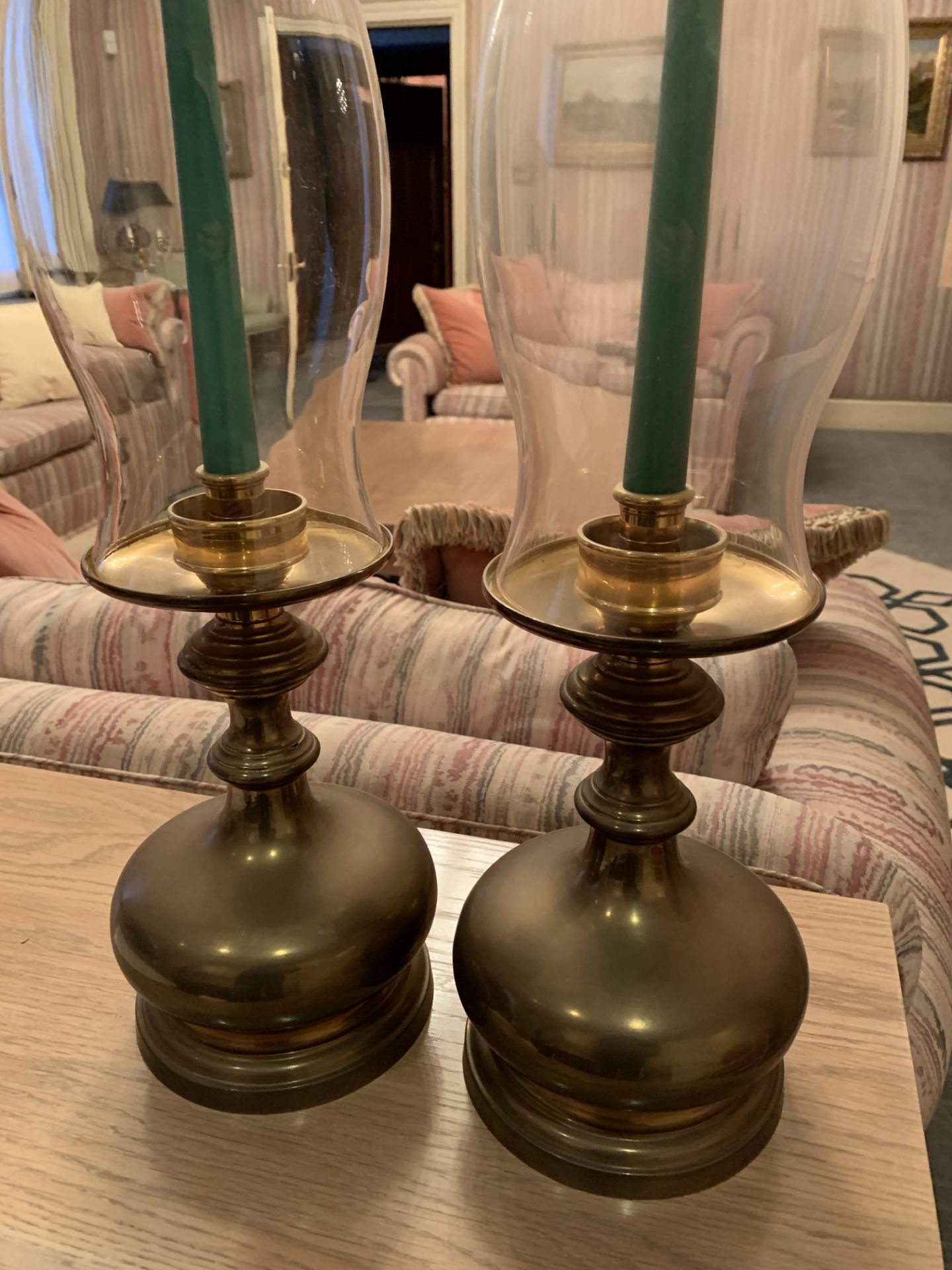 Pair of brass candlesticks with glass storm shades - Image 2 of 3