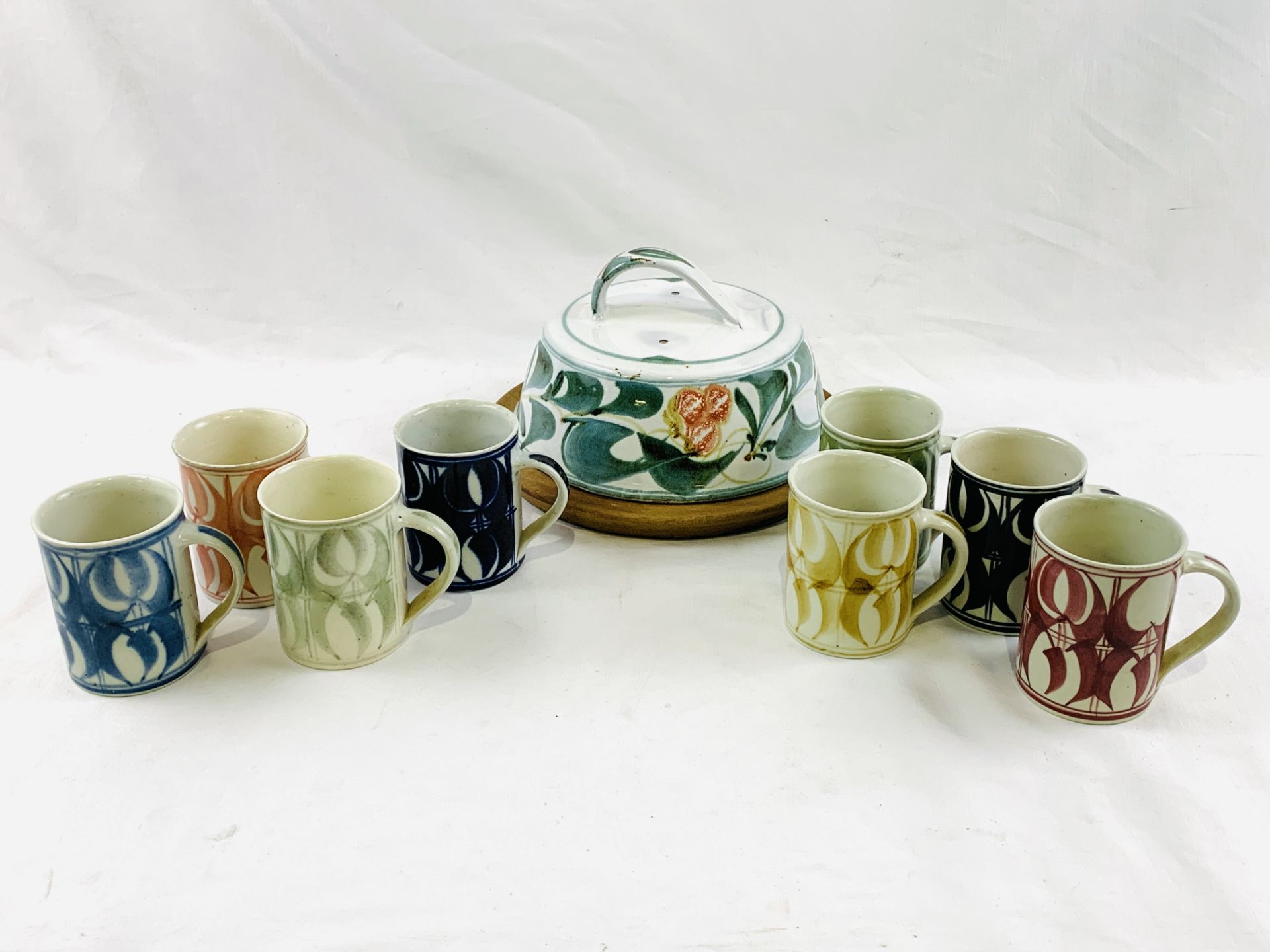 Aldermaston pottery: eight mugs and a cheese dish