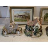 Four Lilliput Lane model buildings, together with four framed and glazed small watercolours