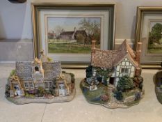 Four Lilliput Lane model buildings, together with four framed and glazed small watercolours