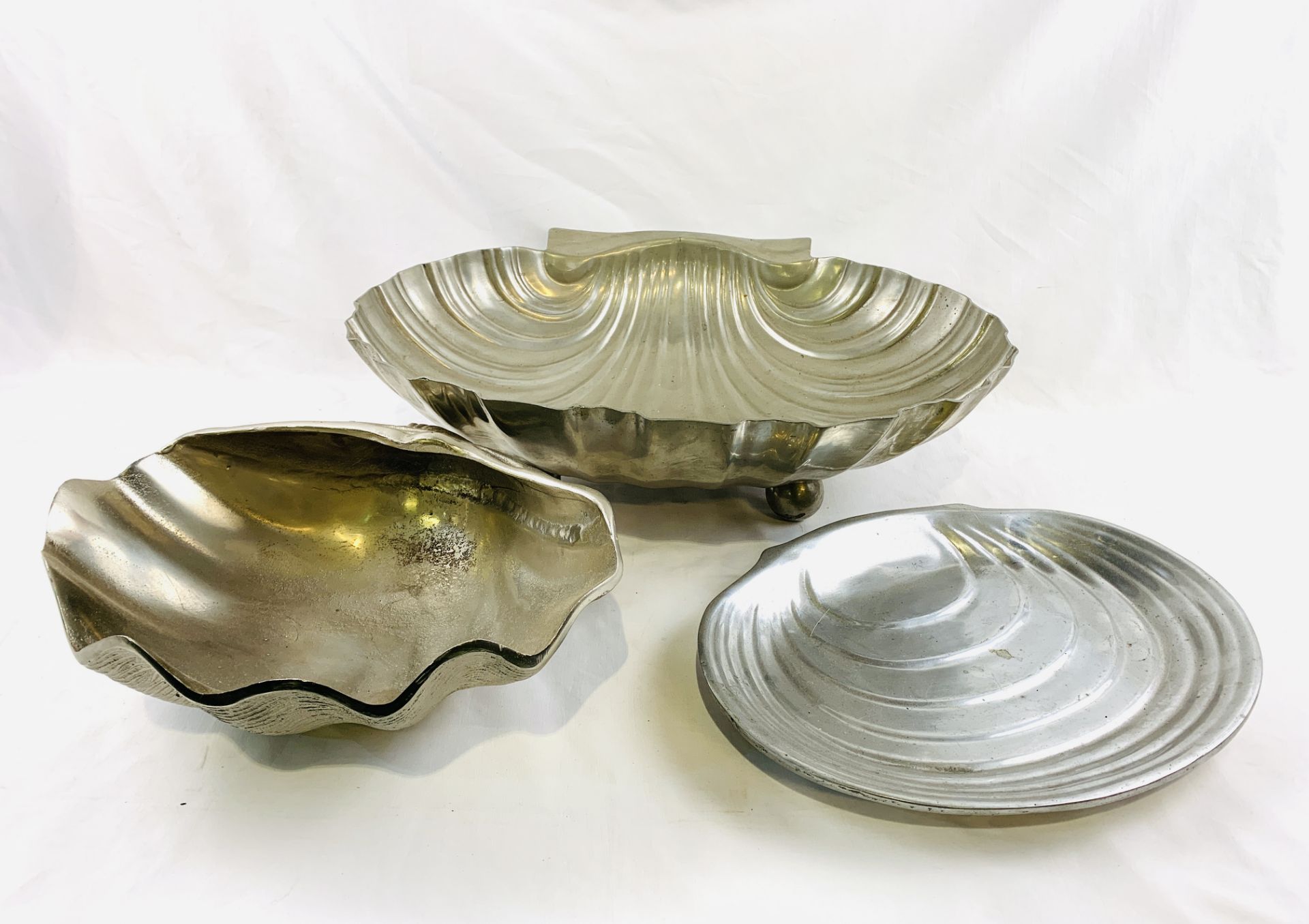 Large silver plate shell dish; silvered ceramic shell dish; silvered ceramic dish