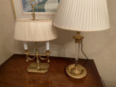 Gilt metal lamp and shade together with a brass twin light table lamp with shade