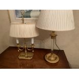 Gilt metal lamp and shade together with a brass twin light table lamp with shade