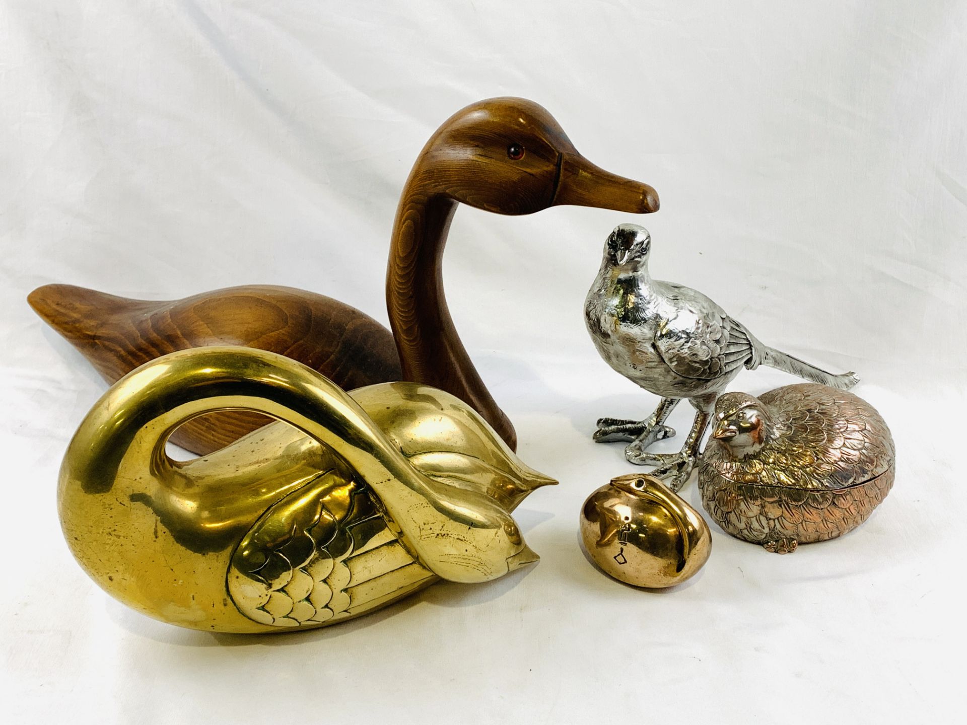 Brass swan figure; wooden carved duck; silver plate partridge dish; swan paperweight; and other. - Image 4 of 4