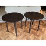 Two dark brown circular occasional tables on four block legs