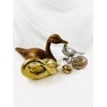 Brass swan figure; wooden carved duck; silver plate partridge dish; swan paperweight; and other.