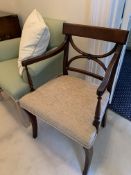 Green upholstered armchair and a mahogany framed open armchair