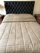 Louis Moreau quilted cream and blue bedspread with blue buttoned leather headboard