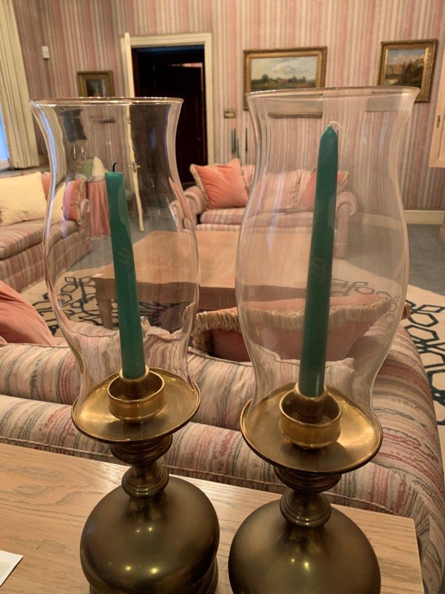 Pair of brass candlesticks with glass storm shades - Image 3 of 3