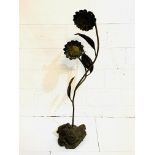 Copper and brass sculptured former lamp standard in the form of sunflowers; and another.