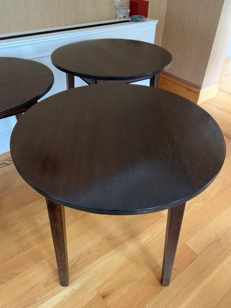 Three circular occasional tables on 4 block legs