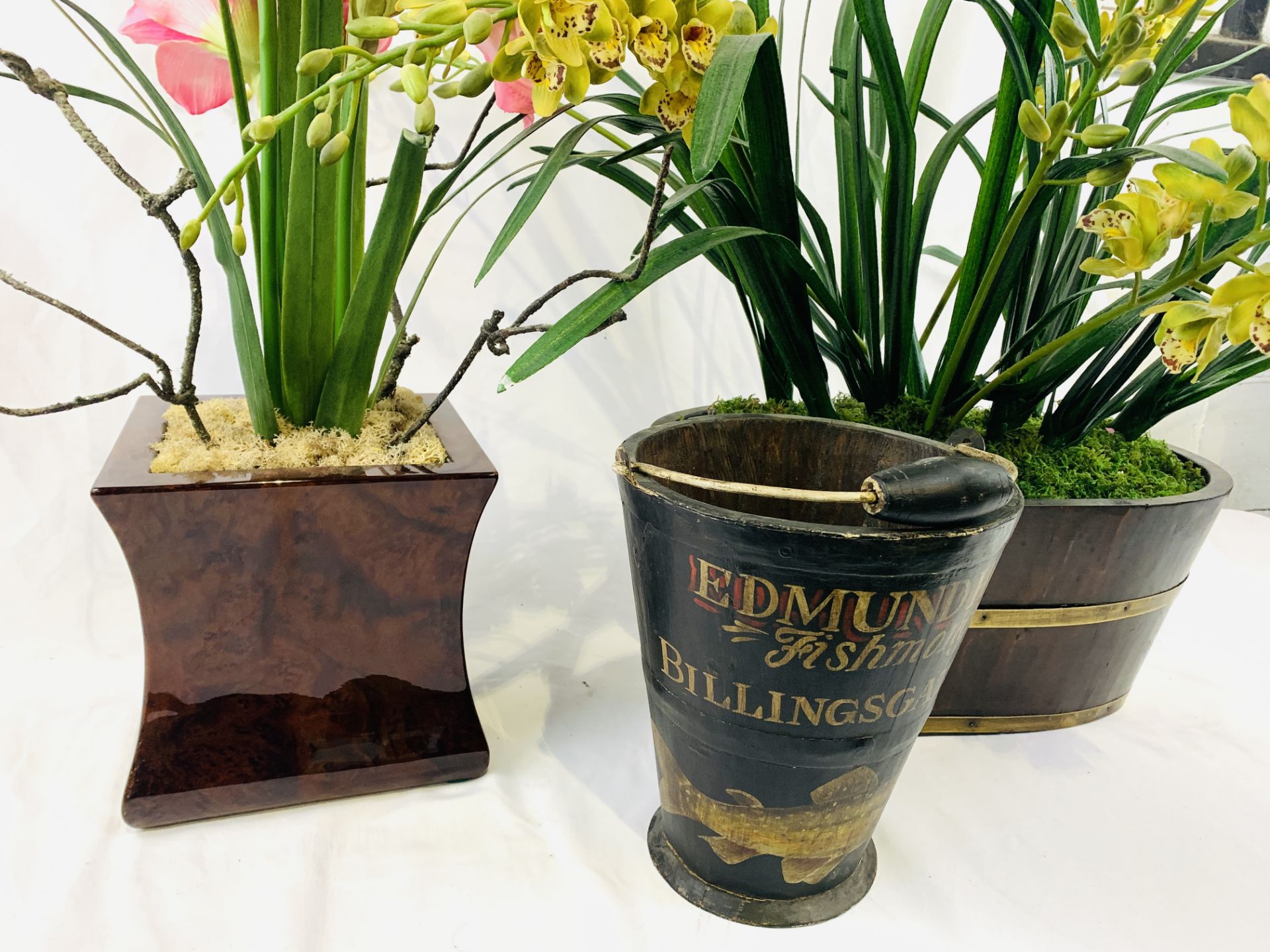 Two wood planters of lilies and orchids together with a decorative bucket. - Image 8 of 8