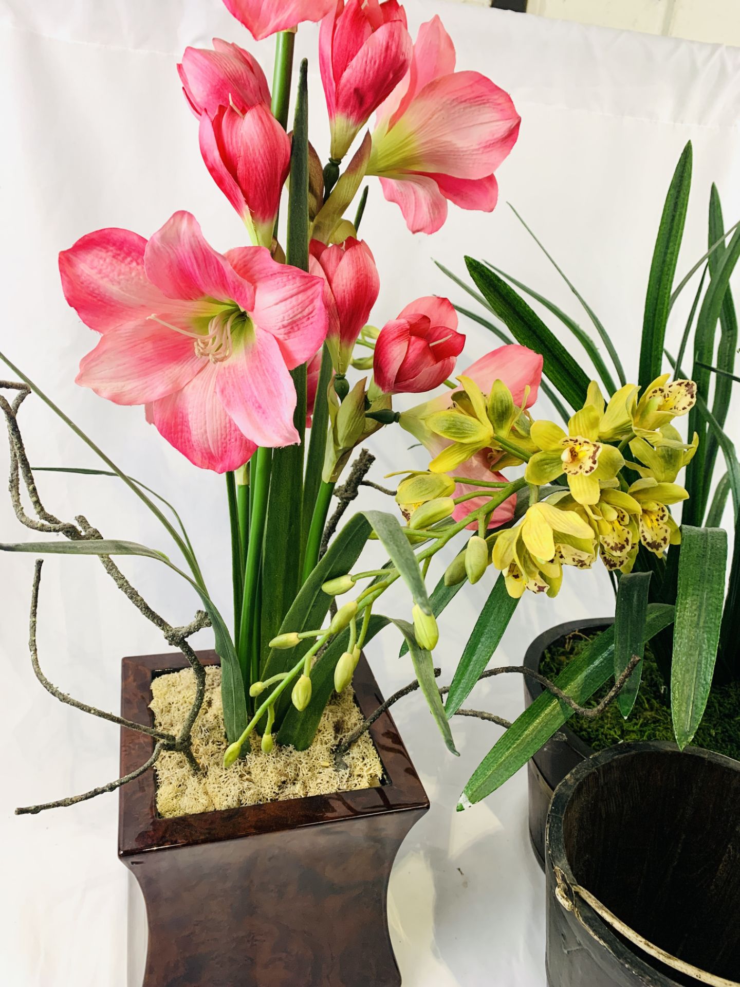 Two wood planters of lilies and orchids together with a decorative bucket. - Image 4 of 8