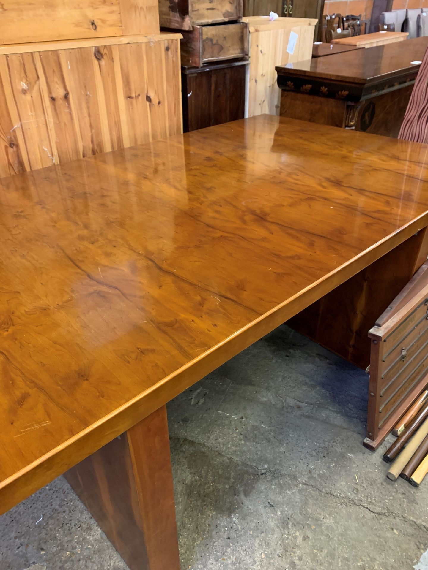 Very large mahogany veneer modern table on substantial H support