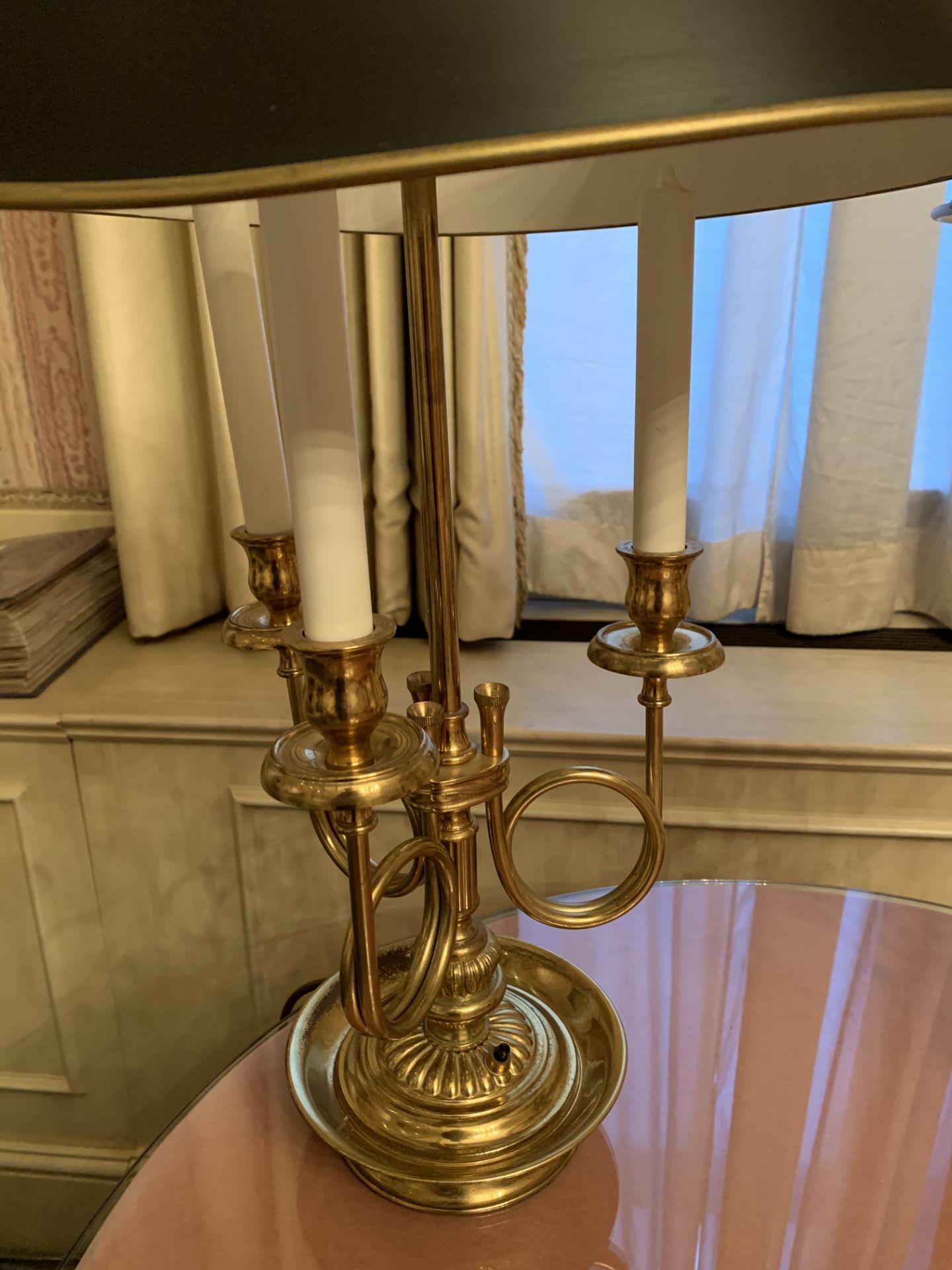 Two brass candelabrum style table lamps with metal shades - Image 3 of 4