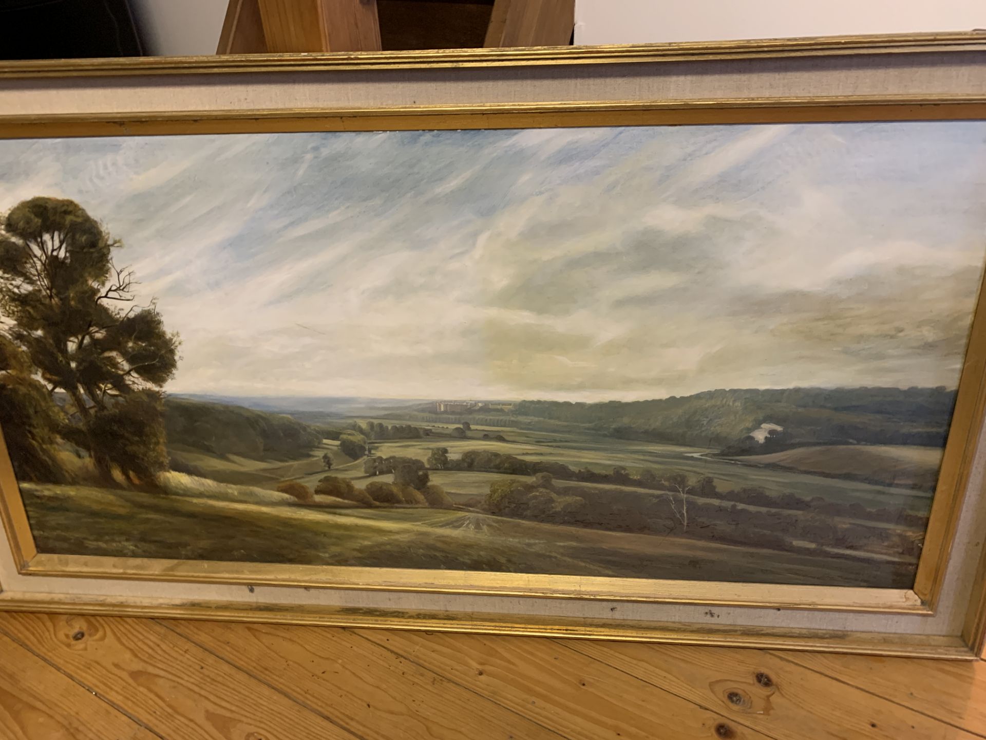 Oil on canvas panorama with Windsor Castle in the distance, signed Christopher Baker 1984