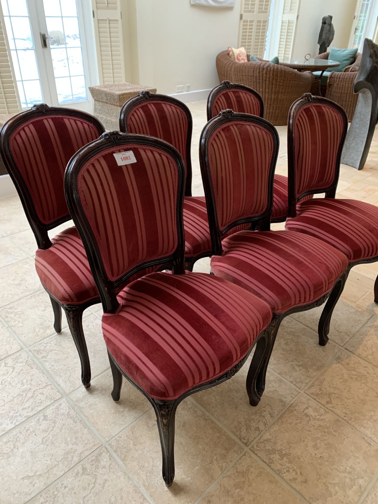 Six French style dining chairs in pink striped upholstery - Image 2 of 3