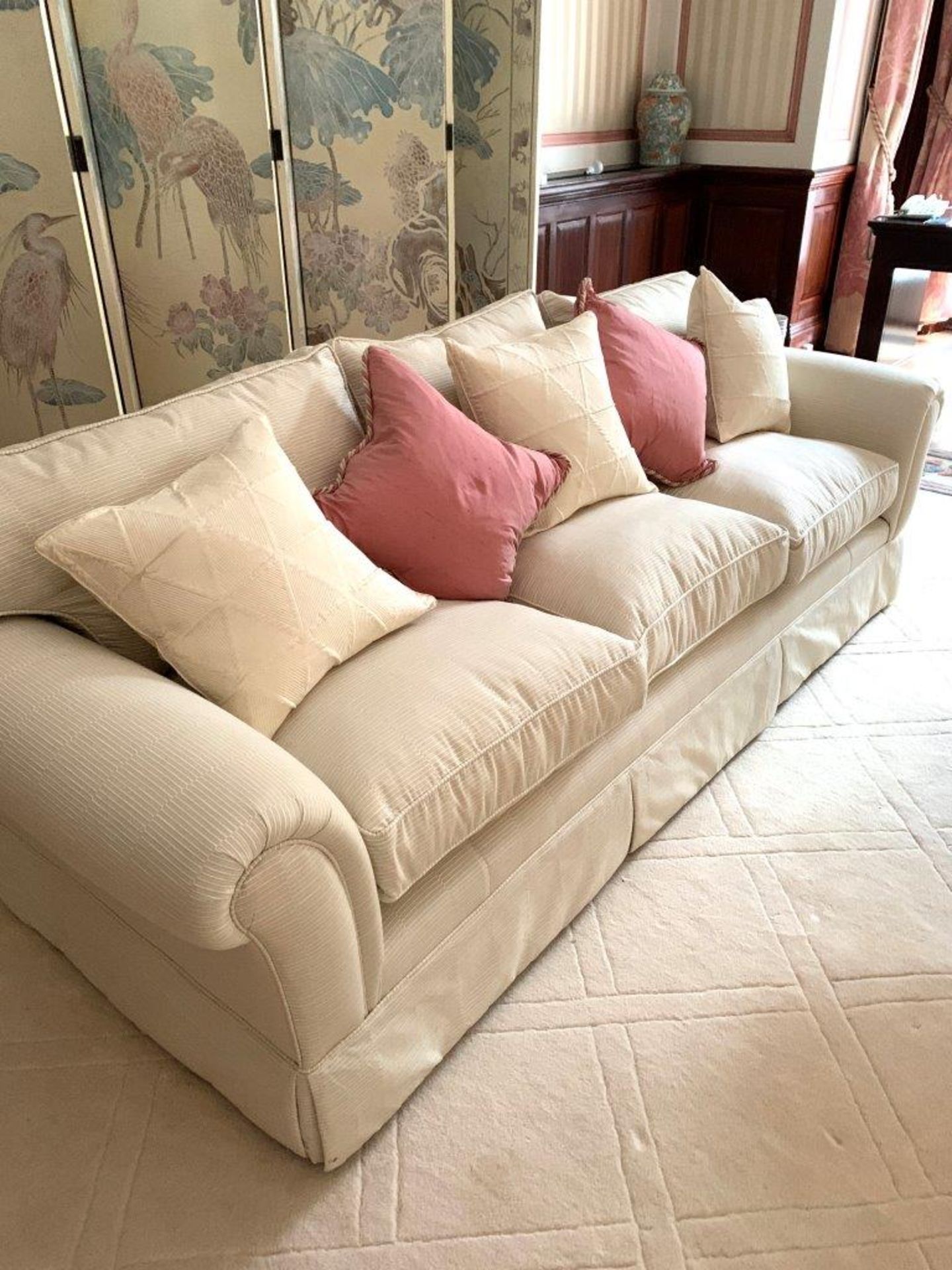 Cream cord effect upholstered three seat sofa, with feather filled cushions - Image 2 of 6