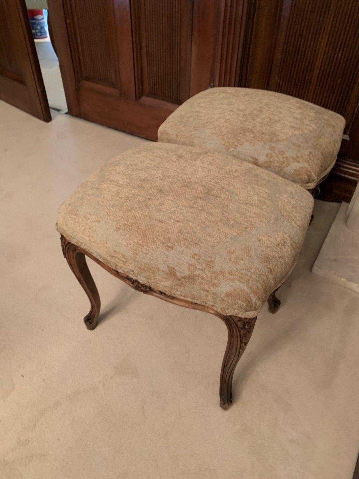 Pair of French style carved stools with upholstered seats - Image 2 of 3