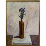 Gilt framed oil on canvas still life Iris in a vase, signed P Fielding, 1985