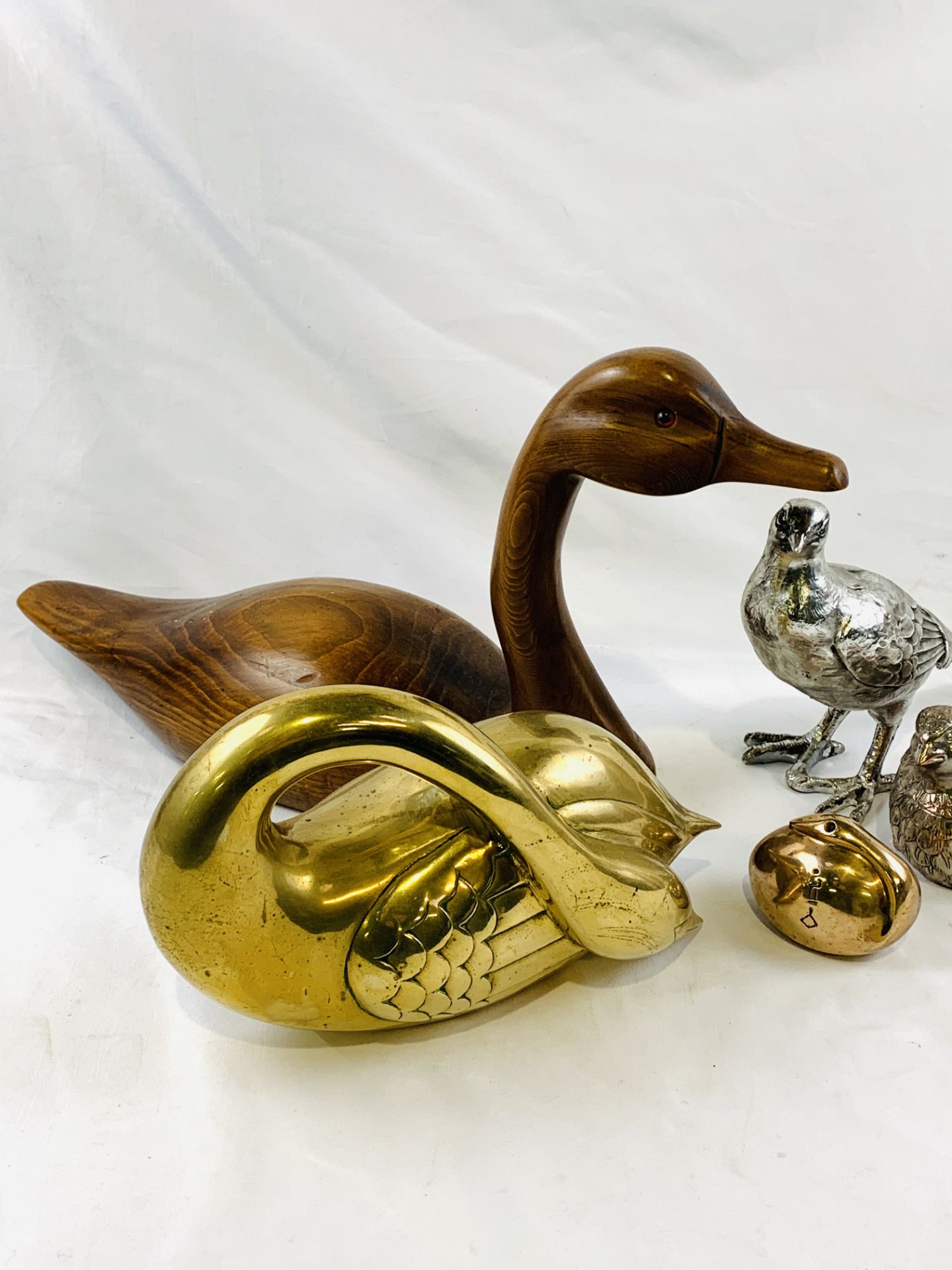 Brass swan figure; wooden carved duck; silver plate partridge dish; swan paperweight; and other. - Image 3 of 4