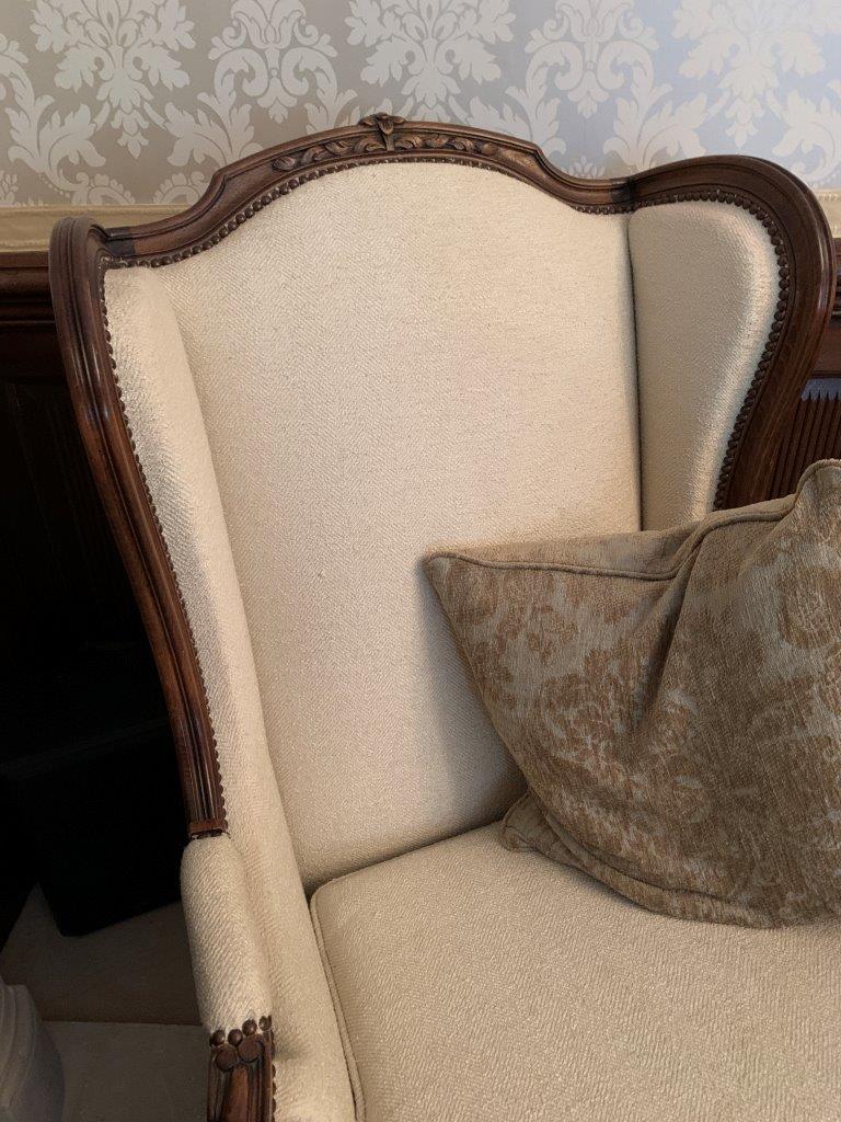 Carved and cream upholstered show wood French style armchair - Image 4 of 4