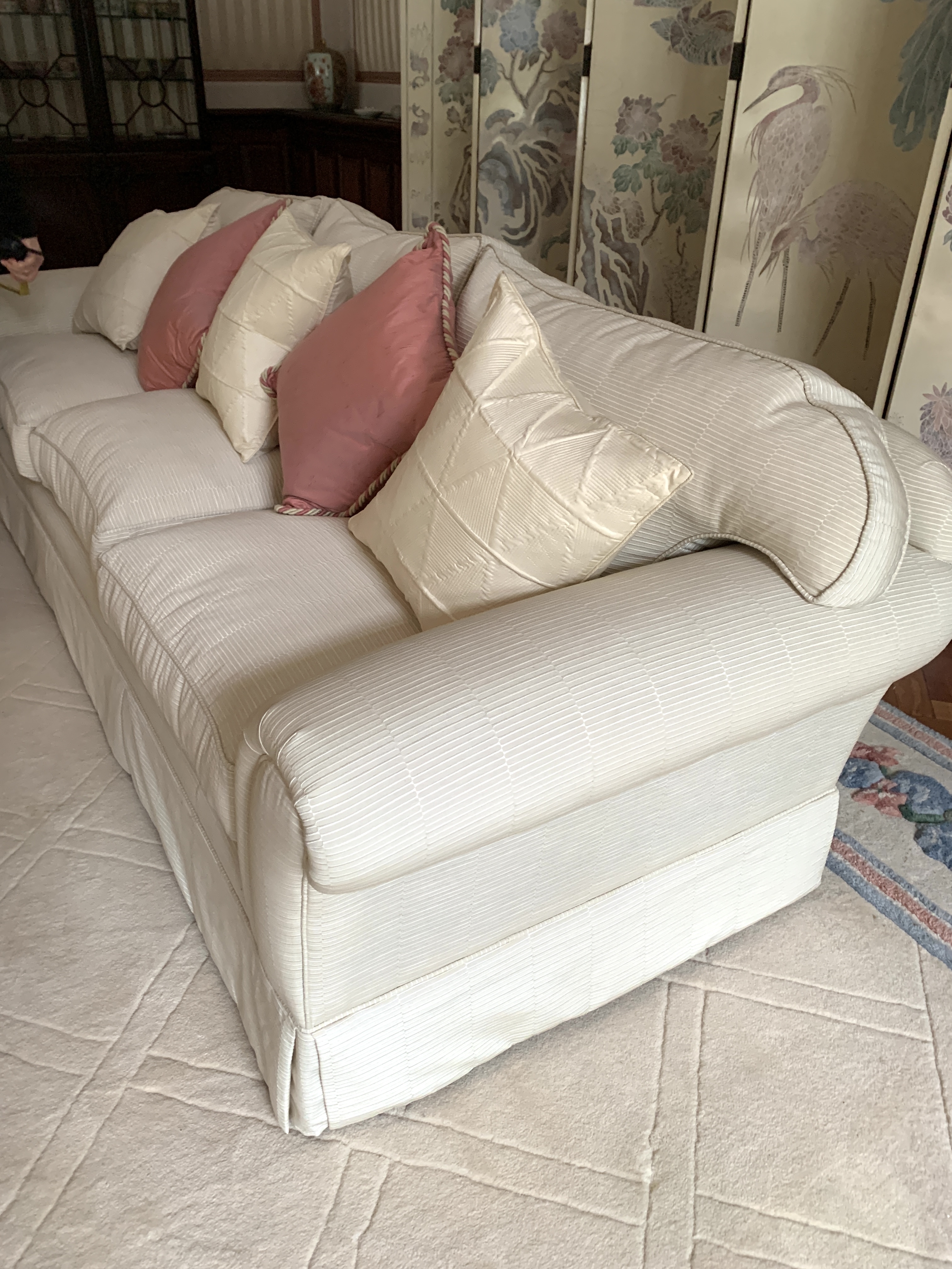 Cream cord effect upholstered three seat sofa, with feather filled cushions - Image 5 of 6