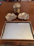 Italian white metal acorn ice bucket; two white metal Italian leaf dishes; galleried mirrored tray.