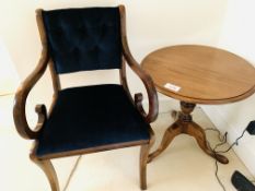 Mahogany pedestal table together with a buttoned back armchair