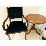 Mahogany pedestal table together with a buttoned back armchair