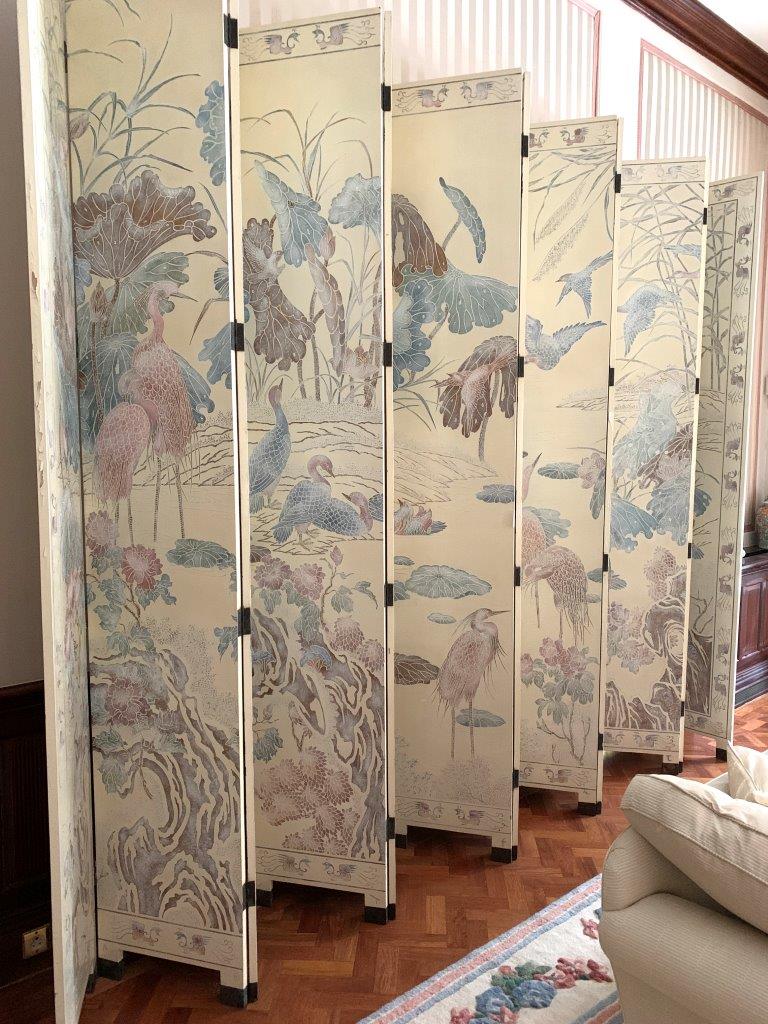 Very large Oriental style wooden twelve panel double sided folding screen
