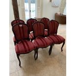 Six French style dining chairs in pink striped upholstery