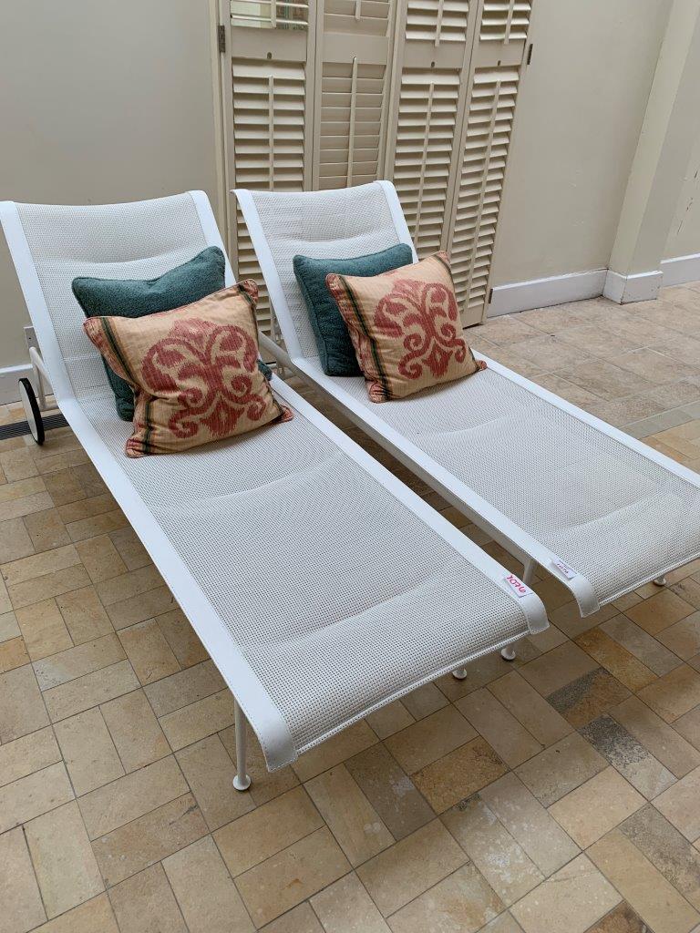 Two white rattan style sun loungers with reclining backs - Image 2 of 4